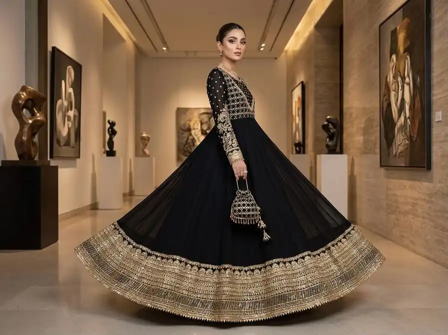 JF 049 Black Georgette Gown with Embroidery Work & Sequins Work. Exclusive Offer ₹2149. Delivery 4-6 Working Days. Shop now. | Gowns, Bollywood Gowns, Creative Gowns, Designer Gowns, Embroidered Gowns, Party Wear Gowns