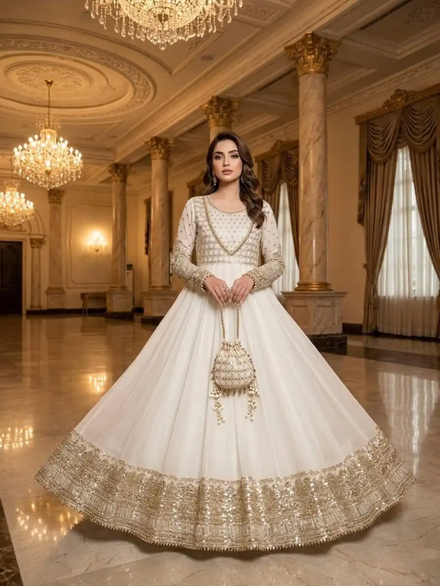 JF 049 White Georgette Gown with Embroidery Work & Sequins Work. Exclusive Offer ₹2149. Delivery 4-6 Working Days. Shop now. | Gowns, Bollywood Gowns, Creative Gowns, Designer Gowns, Embroidered Gowns, Party Wear Gowns