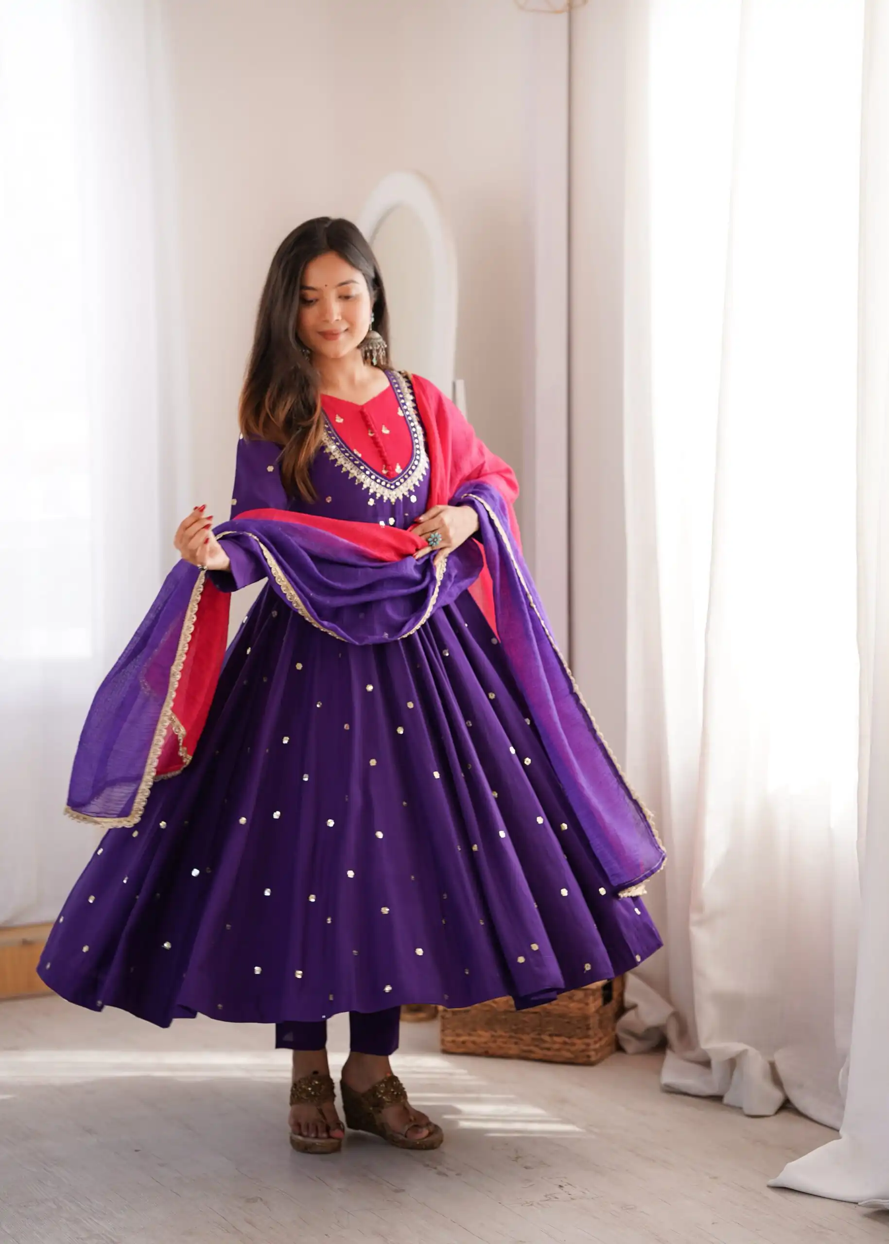 ZF 5023 Purple Roman Silk Gown with Mirror Work & Embroidery Work. Special Price ₹2099. Delivery 4-6 Working Days. Shop now. | Gowns, Bollywood Gowns, Creative Gowns, Designer Gowns, Embroidered Gowns, Party Wear Gowns