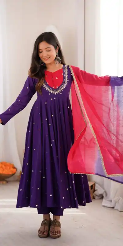 ZF 5023 Purple Roman Silk Gown with Mirror Work & Embroidery Work. Special Price ₹2099. Delivery 4-6 Working Days. Shop now. | Gowns, Bollywood Gowns, Creative Gowns, Designer Gowns, Embroidered Gowns, Party Wear Gowns