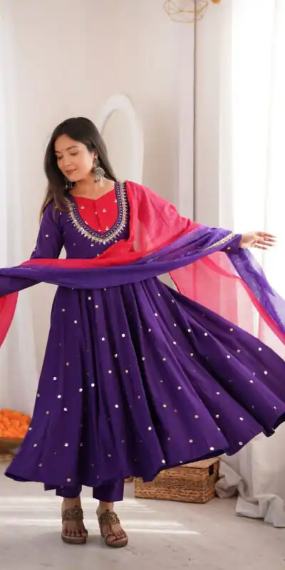 ZF 5023 Purple Roman Silk Gown with Mirror Work & Embroidery Work. Special Price ₹2099. Delivery 4-6 Working Days. Shop now. | Gowns, Bollywood Gowns, Creative Gowns, Designer Gowns, Embroidered Gowns, Party Wear Gowns