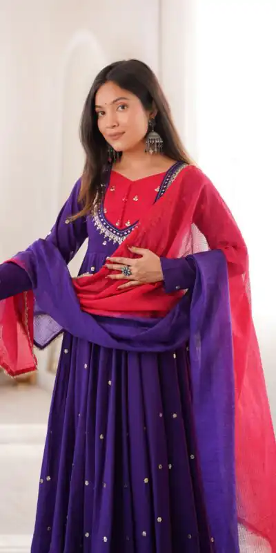 ZF 5023 Purple Roman Silk Gown with Mirror Work & Embroidery Work. Special Price ₹2099. Delivery 4-6 Working Days. Shop now. | Gowns, Bollywood Gowns, Creative Gowns, Designer Gowns, Embroidered Gowns, Party Wear Gowns
