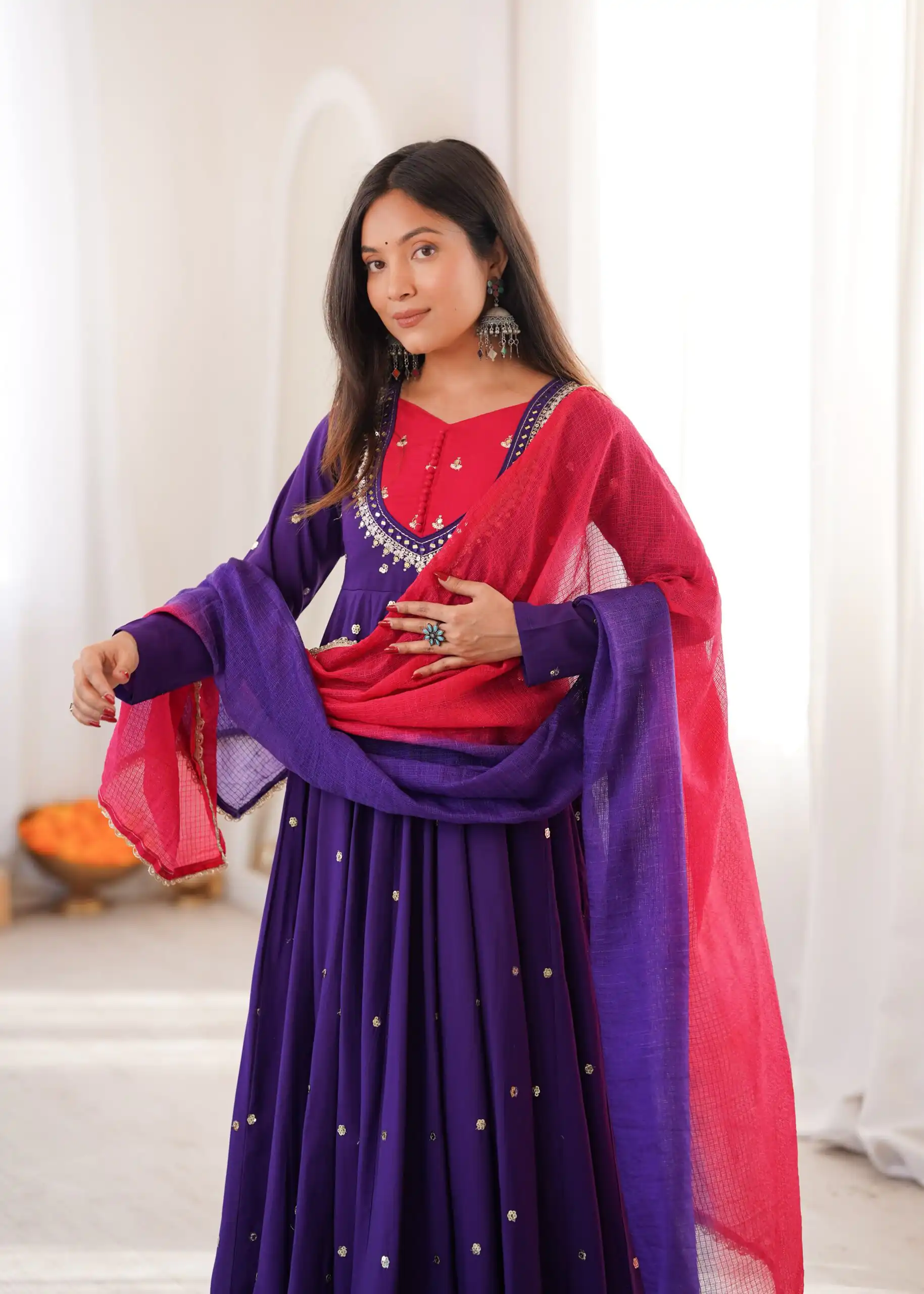 ZF 5023 Purple Roman Silk Gown with Mirror Work & Embroidery Work. Special Price ₹2099. Delivery 4-6 Working Days. Shop now. | Gowns, Bollywood Gowns, Creative Gowns, Designer Gowns, Embroidered Gowns, Party Wear Gowns