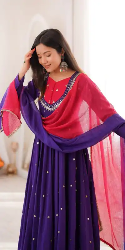 ZF 5023 Purple Roman Silk Gown with Mirror Work & Embroidery Work. Special Price ₹2099. Delivery 4-6 Working Days. Shop now. | Gowns, Bollywood Gowns, Creative Gowns, Designer Gowns, Embroidered Gowns, Party Wear Gowns