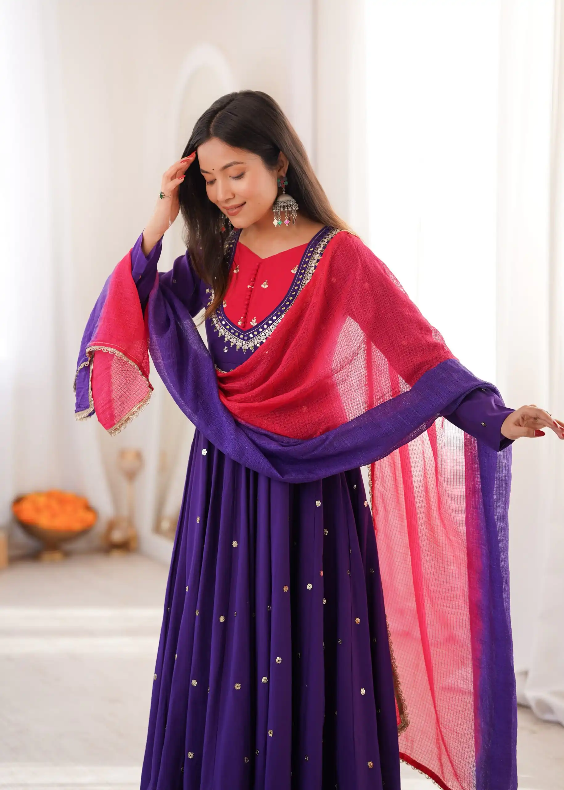 ZF 5023 Purple Roman Silk Gown with Mirror Work & Embroidery Work. Special Price ₹2099. Delivery 4-6 Working Days. Shop now. | Gowns, Bollywood Gowns, Creative Gowns, Designer Gowns, Embroidered Gowns, Party Wear Gowns