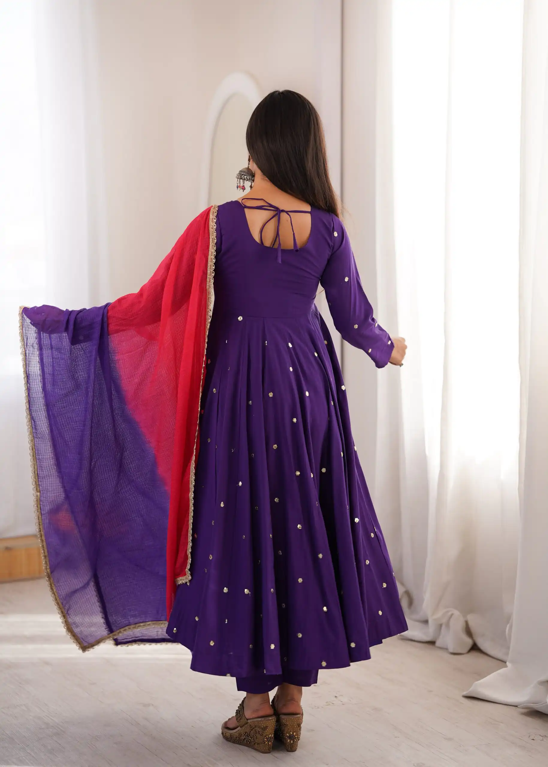 ZF 5023 Purple Roman Silk Gown with Mirror Work & Embroidery Work. Special Price ₹2099. Delivery 4-6 Working Days. Shop now. | Gowns, Bollywood Gowns, Creative Gowns, Designer Gowns, Embroidered Gowns, Party Wear Gowns