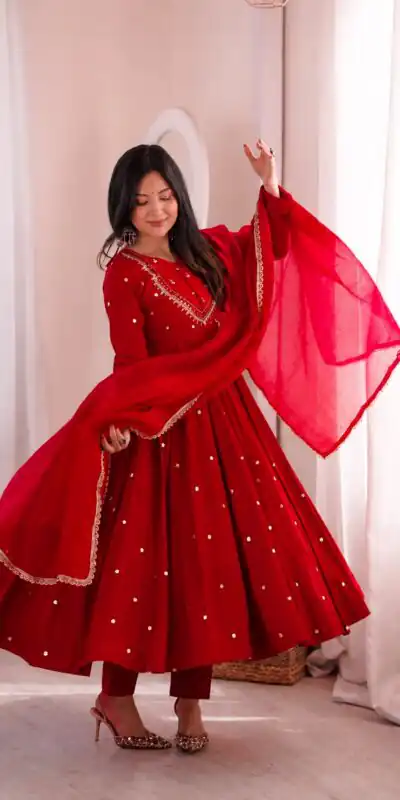 ZF 5023 Red Roman Silk Gown with Mirror Work & Embroidery Work. Special Price ₹2099. Delivery 4-6 Working Days. Shop now. | Gowns, Bollywood Gowns, Creative Gowns, Designer Gowns, Embroidered Gowns, Party Wear Gowns