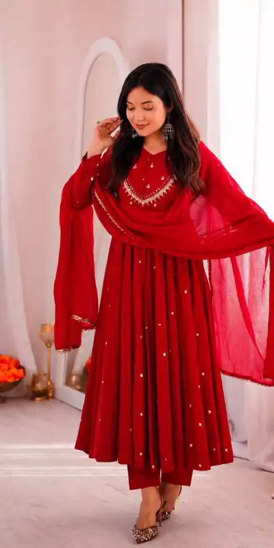 ZF 5023 Red Roman Silk Gown with Mirror Work & Embroidery Work. Special Price ₹2099. Delivery 4-6 Working Days. Shop now. | Gowns, Bollywood Gowns, Creative Gowns, Designer Gowns, Embroidered Gowns, Party Wear Gowns