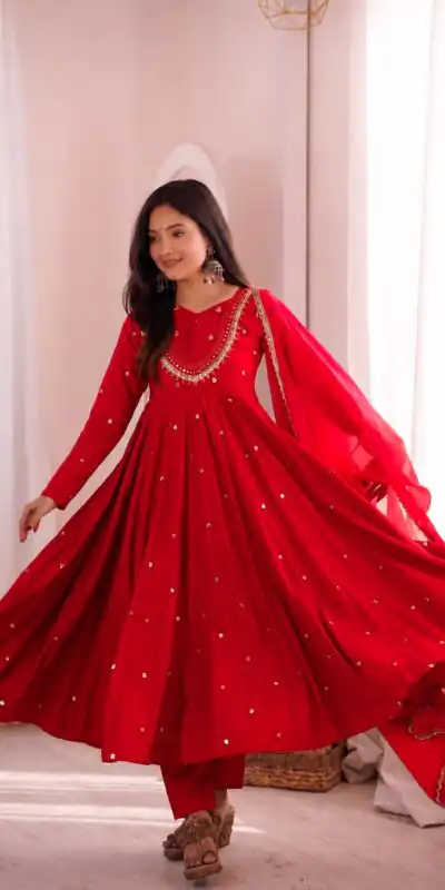 ZF 5023 Red Roman Silk Gown with Mirror Work & Embroidery Work. Special Price ₹2099. Delivery 4-6 Working Days. Shop now. | Gowns, Bollywood Gowns, Creative Gowns, Designer Gowns, Embroidered Gowns, Party Wear Gowns