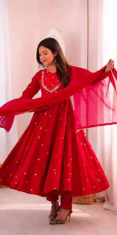 ZF 5023 Red Roman Silk Gown with Mirror Work & Embroidery Work. Special Price ₹2099. Delivery 4-6 Working Days. Shop now. | Gowns, Bollywood Gowns, Creative Gowns, Designer Gowns, Embroidered Gowns, Party Wear Gowns