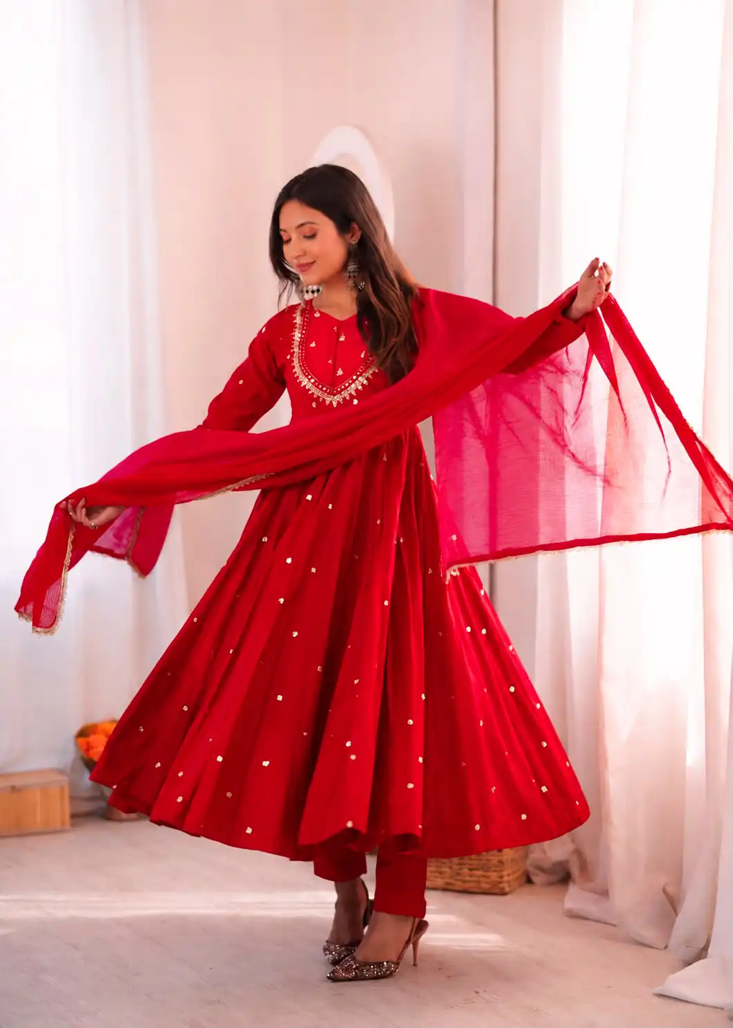 ZF 5023 Red Roman Silk Gown with Mirror Work & Embroidery Work. Special Price ₹2099. Delivery 4-6 Working Days. Shop now. | Gowns, Bollywood Gowns, Creative Gowns, Designer Gowns, Embroidered Gowns, Party Wear Gowns