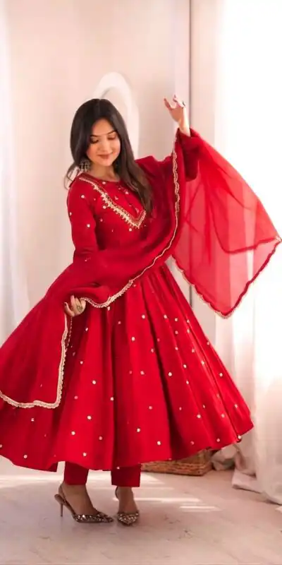 ZF 5023 Red Roman Silk Gown with Mirror Work & Embroidery Work. Special Price ₹2099. Delivery 4-6 Working Days. Shop now. | Gowns, Bollywood Gowns, Creative Gowns, Designer Gowns, Embroidered Gowns, Party Wear Gowns