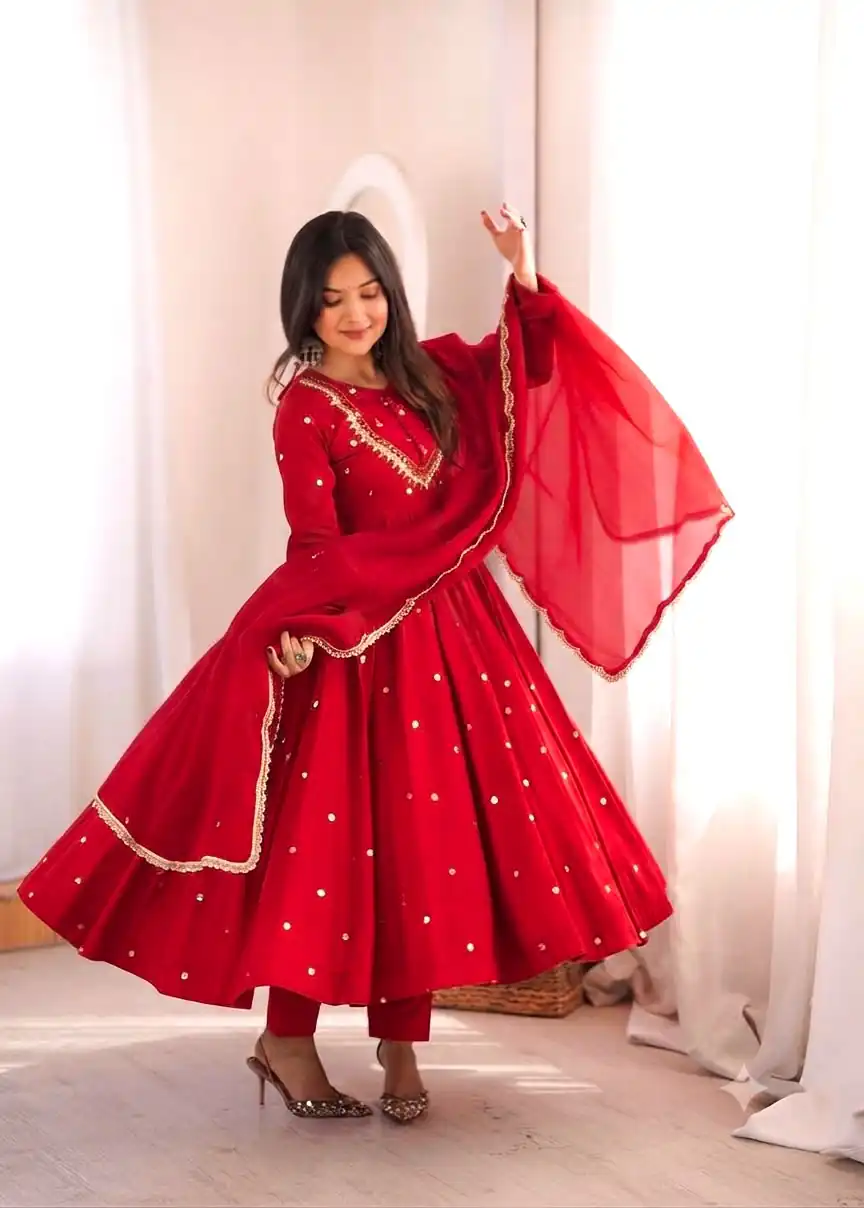 ZF 5023 Red Roman Silk Gown with Mirror Work & Embroidery Work. Special Price ₹2099. Delivery 4-6 Working Days. Shop now. | Gowns, Bollywood Gowns, Creative Gowns, Designer Gowns, Embroidered Gowns, Party Wear Gowns