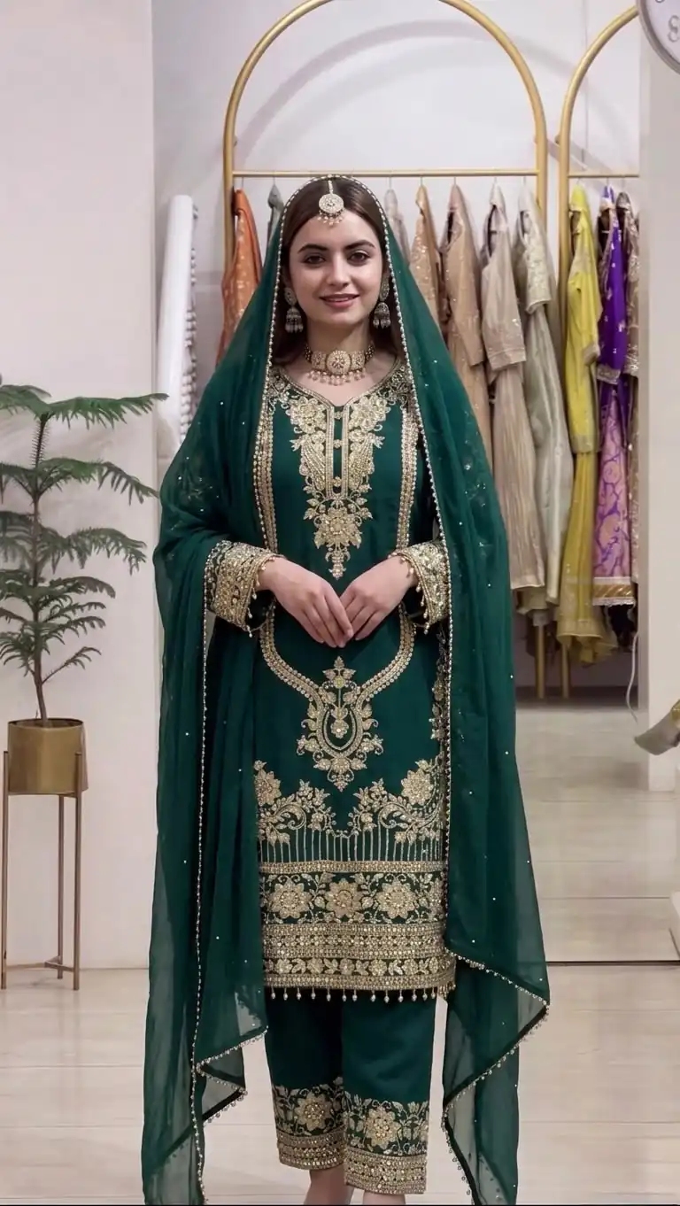 NSR 910 Green Faux Georgette Salwar Suit with Mirror Work & Embroidery Work. Get it for ₹2399. Delivery 4-6 Working Days. Shop now. | Jump Suits, Salwar suit, Casual Suits, Creative suits, Designer Suits, Palazzo Suits, Party Wear Suits, Patiala Suits, Straight Suits