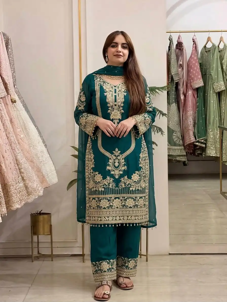 NSR 910 Green Faux Georgette Salwar Suit with Mirror Work & Embroidery Work. Get it for ₹2399. Delivery 4-6 Working Days. Shop now. | Jump Suits, Salwar suit, Casual Suits, Creative suits, Designer Suits, Palazzo Suits, Party Wear Suits, Patiala Suits, Straight Suits