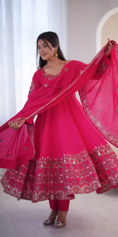 ZF 5016 Pink Roman Silk Gown with Embroidery Work. Wedding, Party, Festive, Events, Navratri, Exclusive Offer ₹2499. Delivery 4-6 Working Days. Shop now. | Gowns, Bollywood Gowns, Creative Gowns, Designer Gowns, Embroidered Gowns, Party Wear Gowns