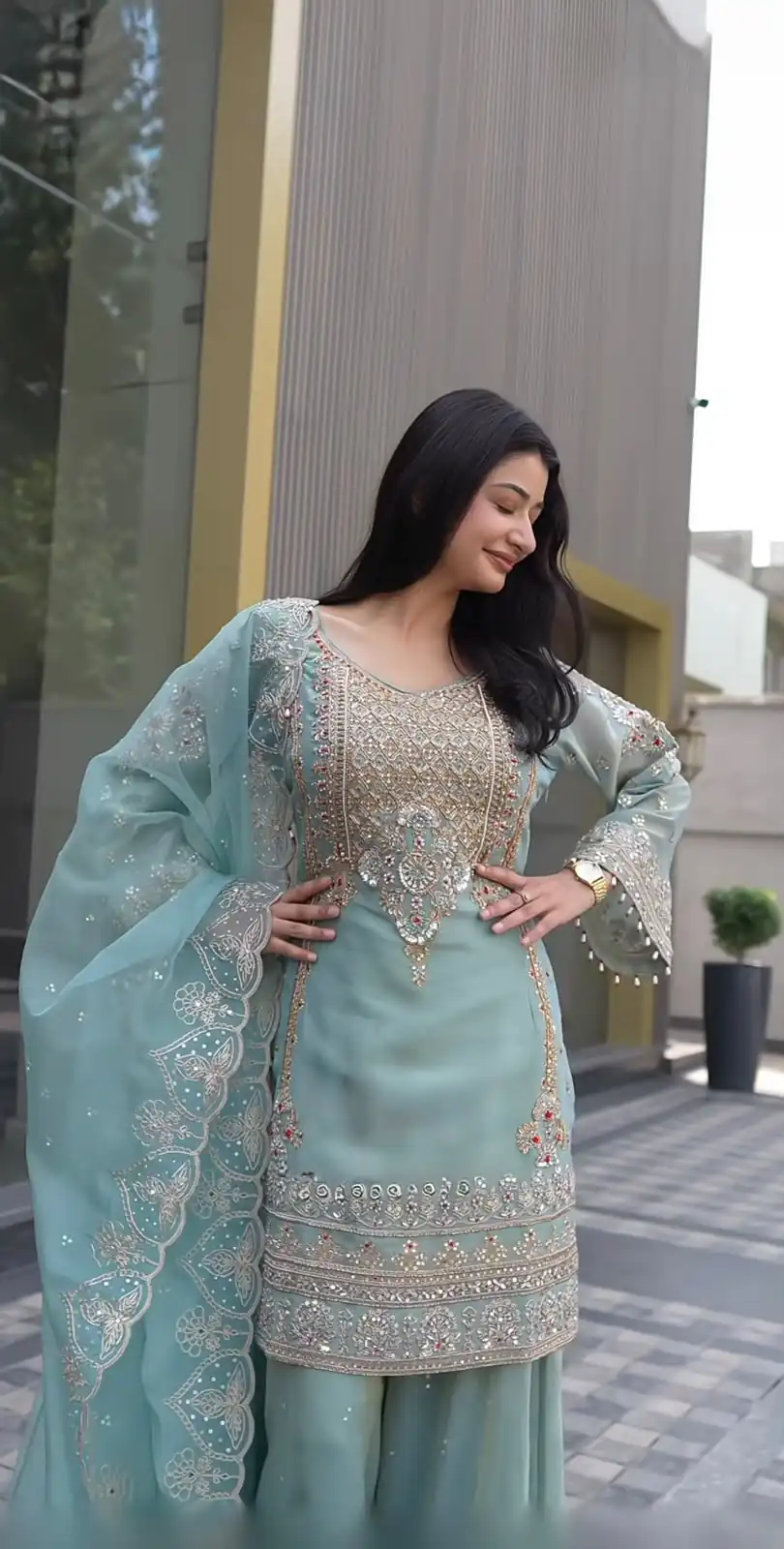 NSR 904 Dusty Blue Faux Georgette Salwar Suit with Mirror Work & Embroidery Work. Get it for ₹2399. Delivery 4-6 Working Days. Shop now. | Jump Suits, Salwar suit, Casual Suits, Creative suits, Designer Suits, Palazzo Suits, Party Wear Suits, Patiala Suits, Straight Suits