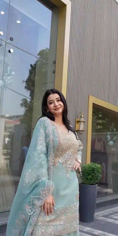 NSR 904 Dusty Blue Faux Georgette Salwar Suit with Mirror Work & Embroidery Work. Get it for ₹2399. Delivery 4-6 Working Days. Shop now. | Jump Suits, Salwar suit, Casual Suits, Creative suits, Designer Suits, Palazzo Suits, Party Wear Suits, Patiala Suits, Straight Suits