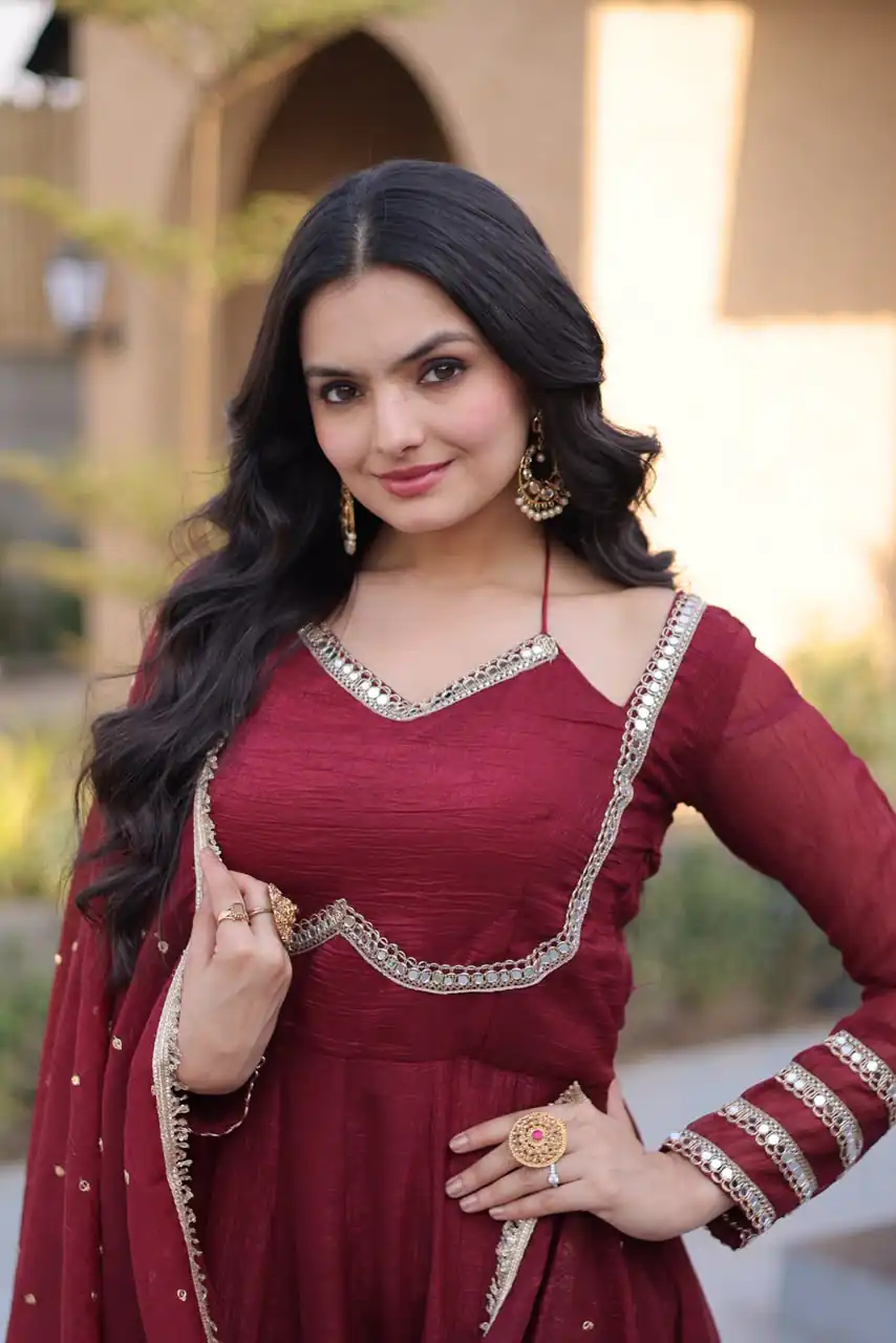 KA 1261 Maroon Silver Crunchy Gown Perfect for Wedding, Party, Durga Puja, Ganesh Chaturthi, Family Gatherings – n. Festive Deal ₹2249. Delivery 4-6 Worki | Gowns, Bollywood Gowns, Creative Gowns, Designer Gowns, Embroidered Gowns, Party Wear Gowns