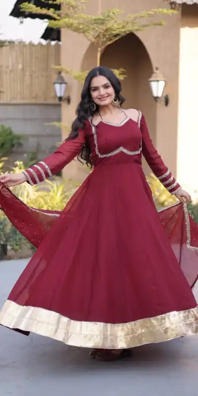 KA 1261 Maroon Silver Crunchy Gown Perfect for Wedding, Party, Durga Puja, Ganesh Chaturthi, Family Gatherings – n. Festive Deal ₹2249. Delivery 4-6 Worki | Gowns, Bollywood Gowns, Creative Gowns, Designer Gowns, Embroidered Gowns, Party Wear Gowns
