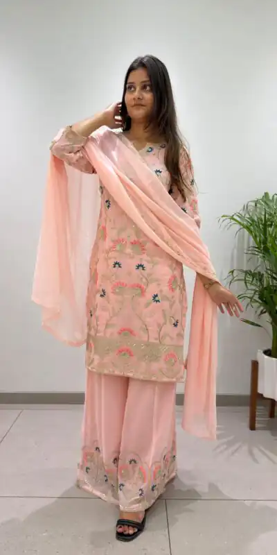 BE 486 Peach Faux Georgette Salwar Suit with Mirror Work & Embroidery Work. Get it for ₹2449. Delivery 4-6 Working Days. Shop now. | Jump Suits, Salwar suit, Casual Suits, Creative suits, Designer Suits, Palazzo Suits, Party Wear Suits, Patiala Suits, Straight Suits