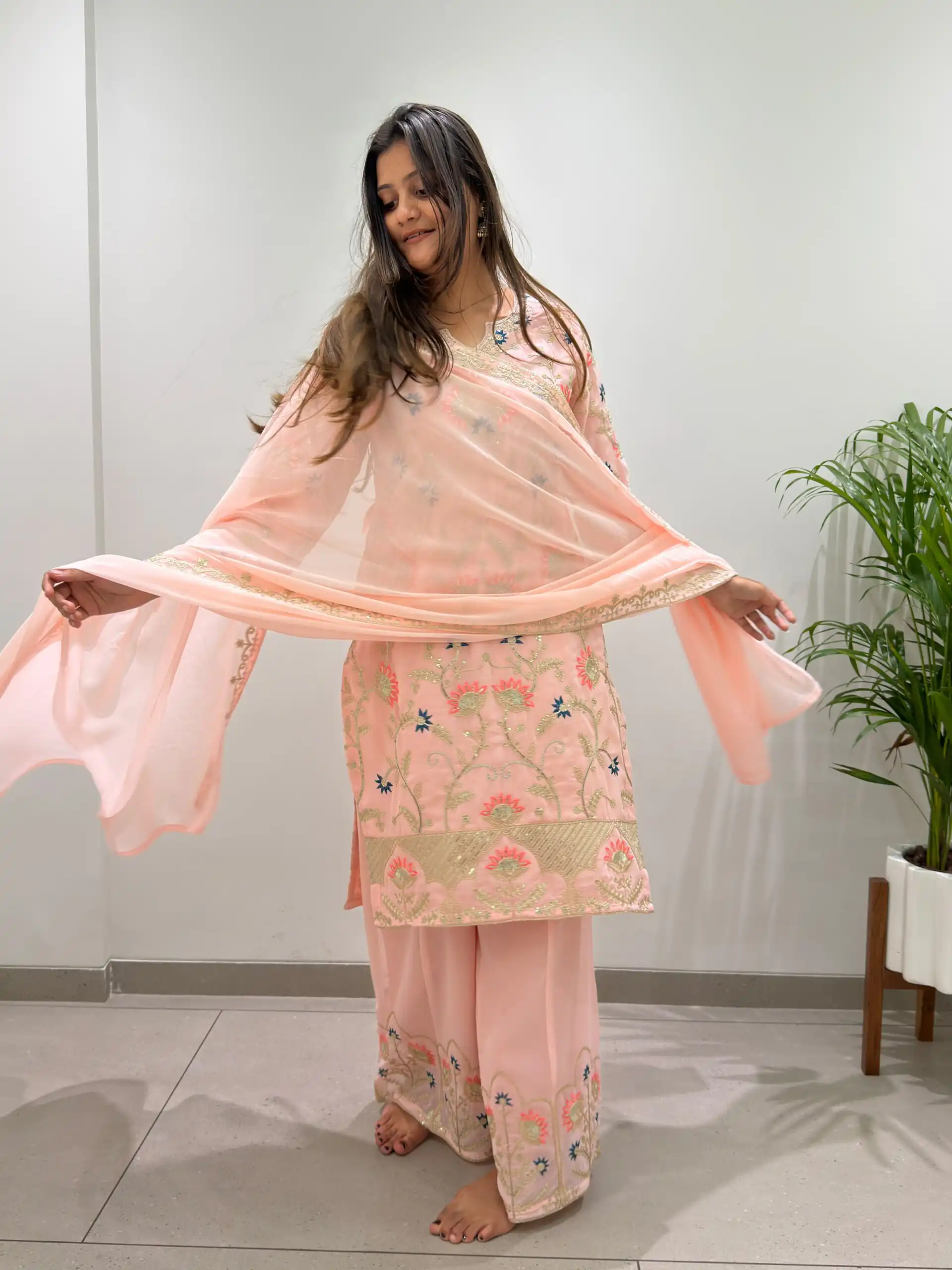 BE 486 Peach Faux Georgette Salwar Suit with Mirror Work & Embroidery Work. Get it for ₹2449. Delivery 4-6 Working Days. Shop now. | Jump Suits, Salwar suit, Casual Suits, Creative suits, Designer Suits, Palazzo Suits, Party Wear Suits, Patiala Suits, Straight Suits