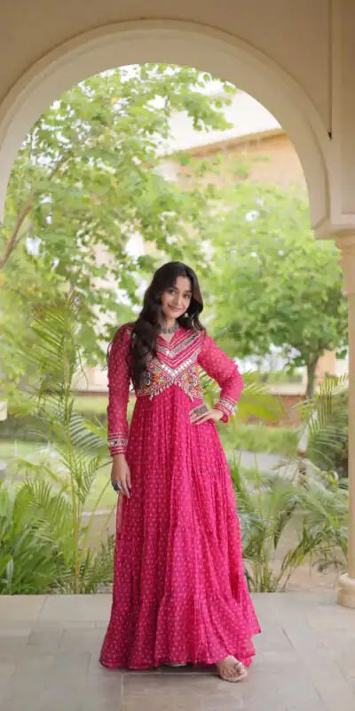 KA 1271 Pink in Colour Faux Georgette Bandhani Print Work Gown. Available at ₹2069 only. Delivery 4-6 Working Days. Shop now. | Gowns, Bollywood Gowns, Creative Gowns, Designer Gowns, Embroidered Gowns, Party Wear Gowns