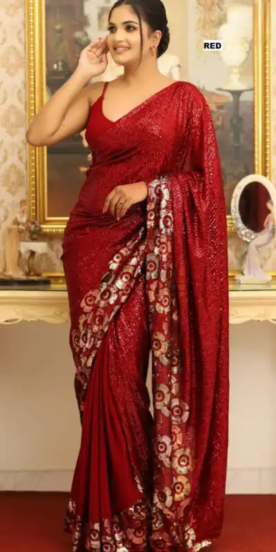 DF 3459 Red in Faux Georgette Zari Work & Embroidery Work Saree. Special Price ₹1899. Delivery 4-6 Working Days. Shop now. | Sarees, Bollywood Sarees, Creative Sarees, Designer Sarees, Embroidered Sarees, Ethnic Saree, Modern Digital sarees, Party Wear Sarees