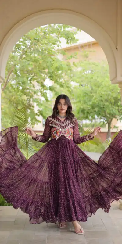 KA 1271 Wine in Colour Faux Georgette Bandhani Print Work Gown. Available at ₹2069 only. Delivery 4-6 Working Days. Shop now. | Gowns, Bollywood Gowns, Creative Gowns, Designer Gowns, Embroidered Gowns, Party Wear Gowns
