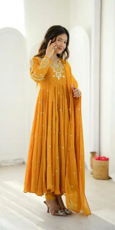 JF 056 Yellow Faux Georgette Salwar Suit with Mirror Work & Embroidery Work. Get it for ₹2349. Delivery 4-6 Working Days. Shop now. | Jump Suits, Salwar suit, Casual Suits, Creative suits, Designer Suits, Palazzo Suits, Party Wear Suits, Patiala Suits, Straight Suits