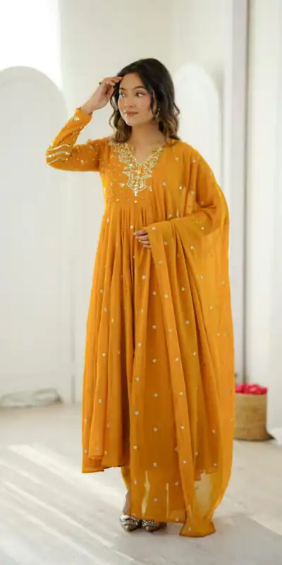 JF 056 Yellow Faux Georgette Salwar Suit with Mirror Work & Embroidery Work. Get it for ₹2349. Delivery 4-6 Working Days. Shop now. | Jump Suits, Salwar suit, Casual Suits, Creative suits, Designer Suits, Palazzo Suits, Party Wear Suits, Patiala Suits, Straight Suits