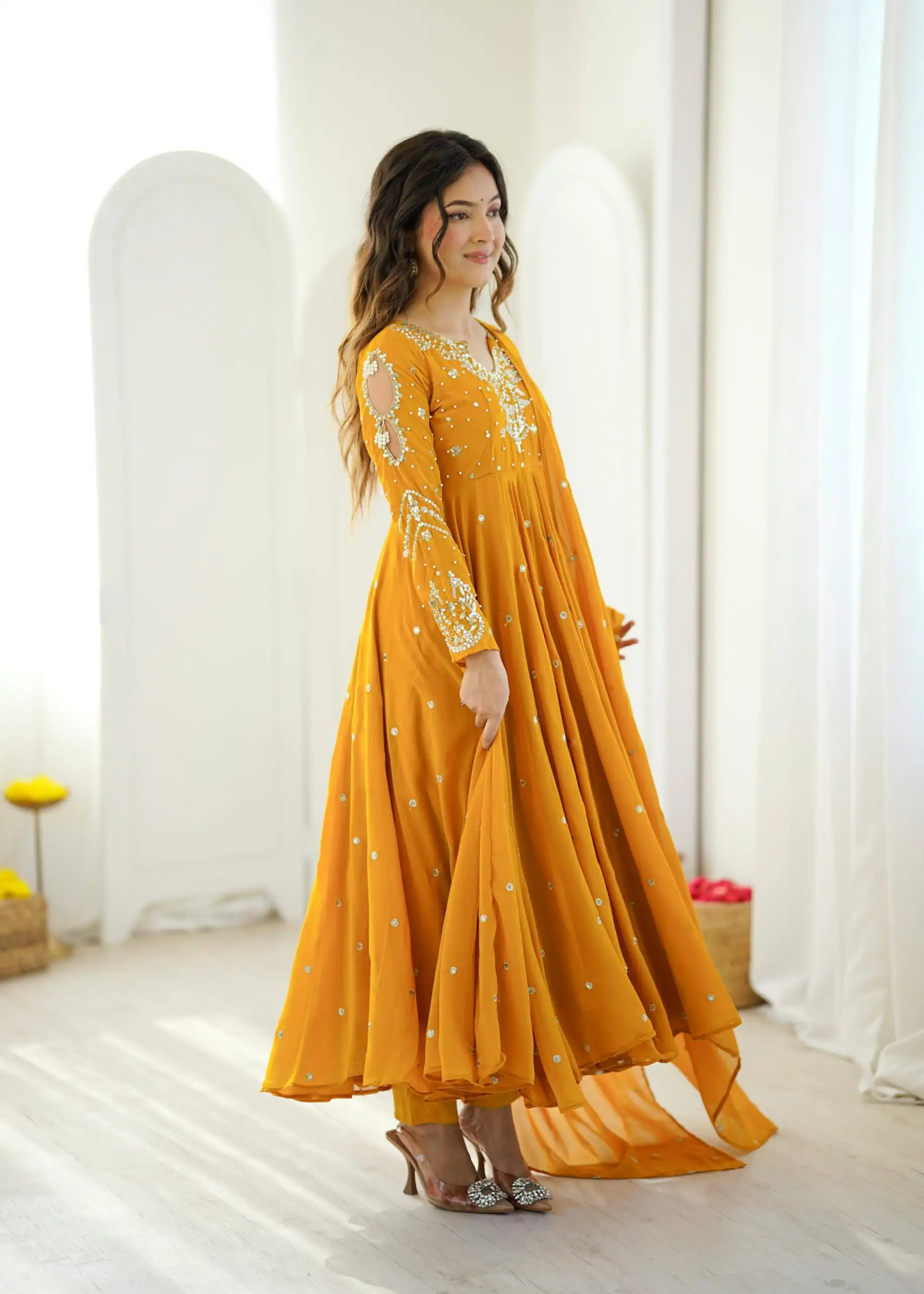 JF 056 Yellow Faux Georgette Salwar Suit with Mirror Work & Embroidery Work. Get it for ₹2349. Delivery 4-6 Working Days. Shop now. | Jump Suits, Salwar suit, Casual Suits, Creative suits, Designer Suits, Palazzo Suits, Party Wear Suits, Patiala Suits, Straight Suits