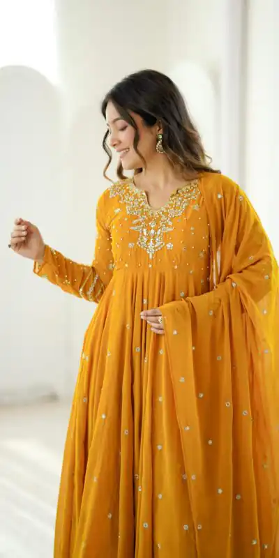 JF 056 Yellow Faux Georgette Salwar Suit with Mirror Work & Embroidery Work. Get it for ₹2349. Delivery 4-6 Working Days. Shop now. | Jump Suits, Salwar suit, Casual Suits, Creative suits, Designer Suits, Palazzo Suits, Party Wear Suits, Patiala Suits, Straight Suits
