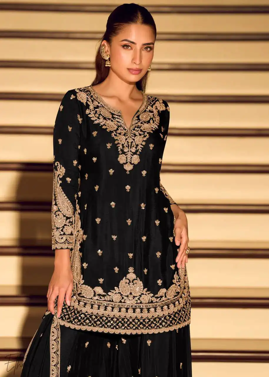 ZB 5067 Black Chinon Silk Salwar Suit Perfect for Wedding, Party, Ganesh Chaturthi, Baby Shower, Makar Sankranti – . Affordable Price ₹2399. /- | Jump Suits, Salwar suit, Casual Suits, Creative suits, Designer Suits, Palazzo Suits, Party Wear Suits, Patiala Suits, Straight Suits