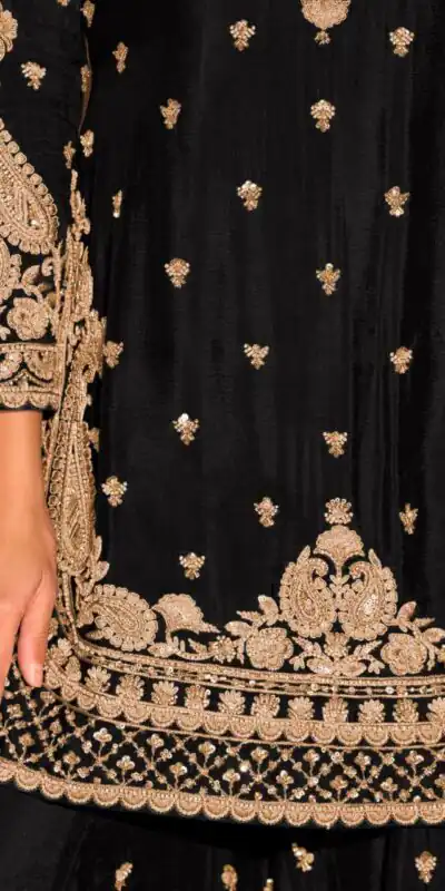 ZB 5067 Black Chinon Silk Salwar Suit Perfect for Wedding, Party, Ganesh Chaturthi, Baby Shower, Makar Sankranti – . Affordable Price ₹2399. /- | Jump Suits, Salwar suit, Casual Suits, Creative suits, Designer Suits, Palazzo Suits, Party Wear Suits, Patiala Suits, Straight Suits