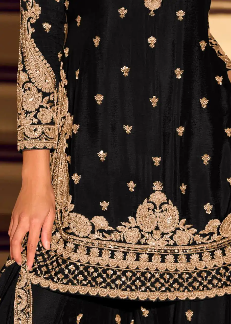 ZB 5067 Black Chinon Silk Salwar Suit Perfect for Wedding, Party, Ganesh Chaturthi, Baby Shower, Makar Sankranti – . Affordable Price ₹2399. /- | Jump Suits, Salwar suit, Casual Suits, Creative suits, Designer Suits, Palazzo Suits, Party Wear Suits, Patiala Suits, Straight Suits