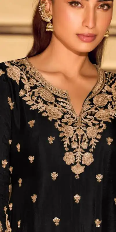 ZB 5067 Black Chinon Silk Salwar Suit Perfect for Wedding, Party, Ganesh Chaturthi, Baby Shower, Makar Sankranti – . Affordable Price ₹2399. /- | Jump Suits, Salwar suit, Casual Suits, Creative suits, Designer Suits, Palazzo Suits, Party Wear Suits, Patiala Suits, Straight Suits