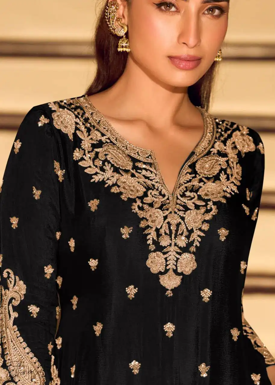 ZB 5067 Black Chinon Silk Salwar Suit Perfect for Wedding, Party, Ganesh Chaturthi, Baby Shower, Makar Sankranti – . Affordable Price ₹2399. /- | Jump Suits, Salwar suit, Casual Suits, Creative suits, Designer Suits, Palazzo Suits, Party Wear Suits, Patiala Suits, Straight Suits