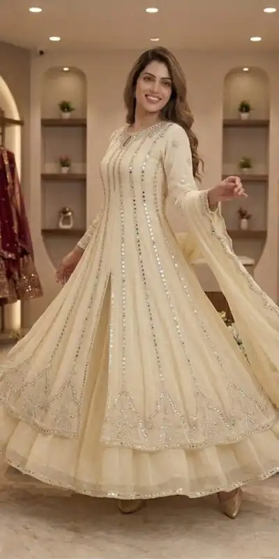LG 2138 Cream Georgette Gown Perfect for Wedding, Party, Raksha Bandhan, Temple Visit, Onam – . Get it for ₹2899. Delivery 4-6 Working Days. Shop now | Gowns, Bollywood Gowns, Creative Gowns, Designer Gowns, Embroidered Gowns, Party Wear Gowns