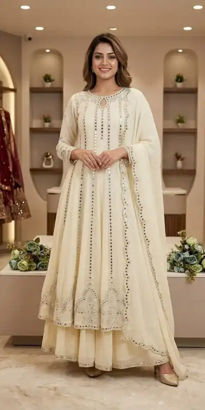 LG 2138 Cream Georgette Gown Perfect for Wedding, Party, Raksha Bandhan, Temple Visit, Onam – . Get it for ₹2899. Delivery 4-6 Working Days. Shop now | Gowns, Bollywood Gowns, Creative Gowns, Designer Gowns, Embroidered Gowns, Party Wear Gowns
