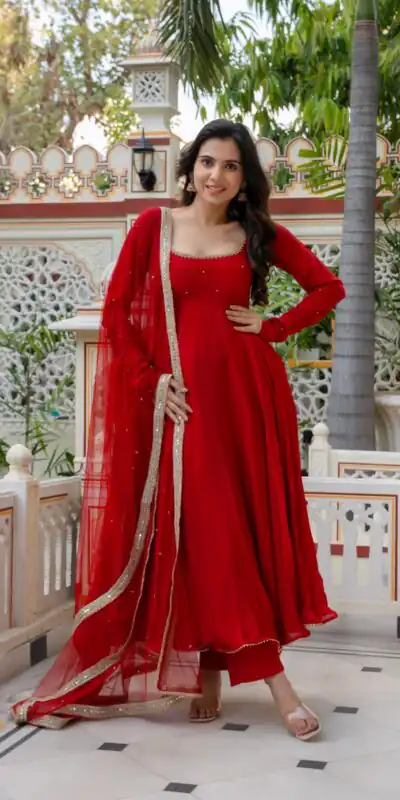 KD 1643 Red | Faux Georgette Salwar Suit with Lace Work & Digital Print. Introductory Price ₹2249. Delivery 4-6 Working Days. Shop now. | Anarkali Suits, Bollywood Anarkali, Creative-Anarkali, Designer Anarkali, Embroidered Anarkali, Party Wear Anarkali, Salwar suit