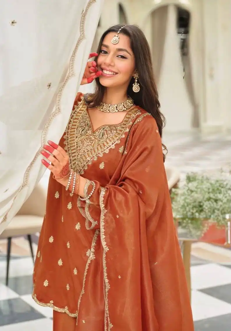 ST 243 Rust Color Natural Crep Salwar Suit with Embroidery Work. Wedding, Party, Festive, Best Price ₹2199. Delivery 4-6 Working Days. Shop now. | Jump Suits, Salwar suit, Casual Suits, Creative suits, Designer Suits, Palazzo Suits, Party Wear Suits, Patiala Suits, Straight Suits
