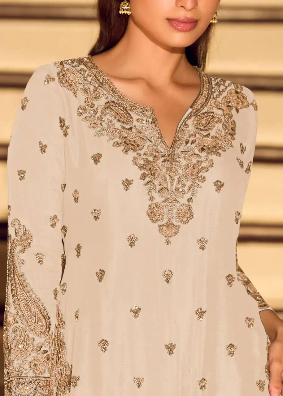 ZB 5067 White Chinon Silk Salwar Suit Perfect for Wedding, Party, Ganesh Chaturthi, Baby Shower, Makar Sankranti – . Affordable Price ₹2399. /- | Jump Suits, Salwar suit, Casual Suits, Creative suits, Designer Suits, Palazzo Suits, Party Wear Suits, Patiala Suits, Straight Suits