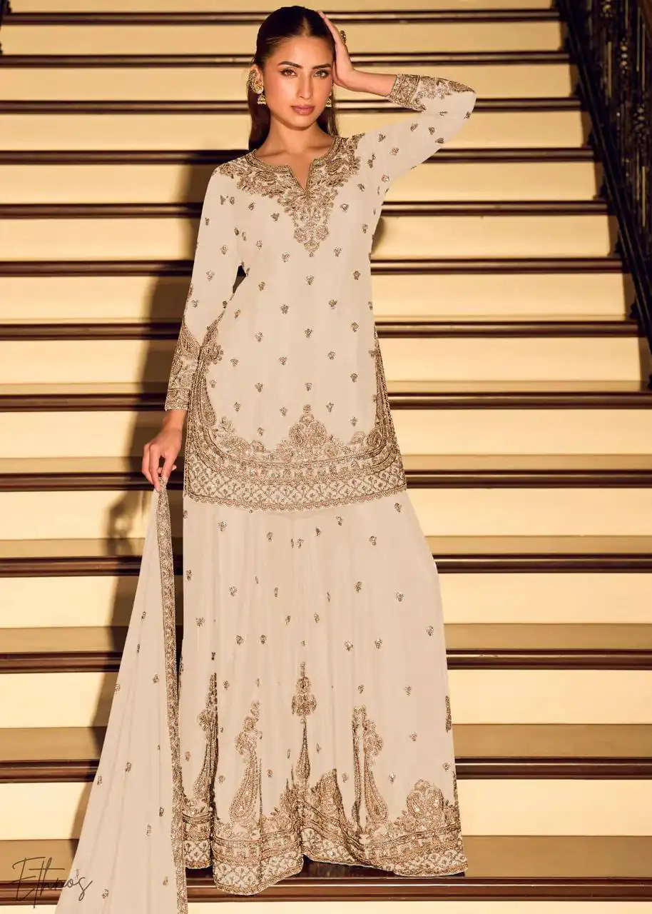 ZB 5067 White Chinon Silk Salwar Suit Perfect for Wedding, Party, Ganesh Chaturthi, Baby Shower, Makar Sankranti – . Affordable Price ₹2399. /- | Jump Suits, Salwar suit, Casual Suits, Creative suits, Designer Suits, Palazzo Suits, Party Wear Suits, Patiala Suits, Straight Suits