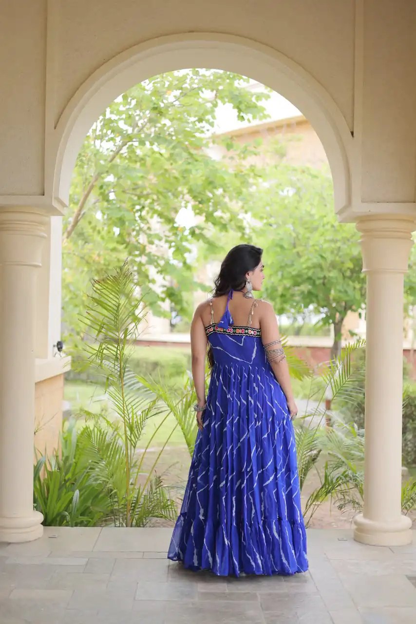 Simple Blue Faux Georgette Bandhani Print Work Gown - Image 4
