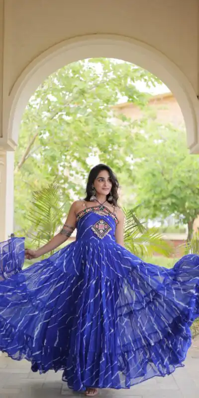 Simple Blue Faux Georgette Bandhani Print Work Gown