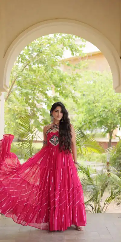 KA 1270 Pink in Colour Faux Georgette Bandhani Print Work Gown. Available at ₹2019 only. Delivery 4-6 Working Days. Shop now. | Gowns, Bollywood Gowns, Creative Gowns, Designer Gowns, Embroidered Gowns, Party Wear Gowns