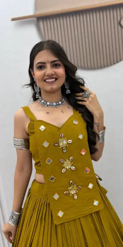 PC 581 Mustered Color Pure Cotton Lehenga Choli with Cowrie Work. Festive Deal ₹2999. Delivery 4-6 Working Days. Online Shop now. | Lehenga, Bollywood Lehenga, Creative Lehenga, Designer Lehenga, Embroidered Lehenga, Party Wear Lehenga