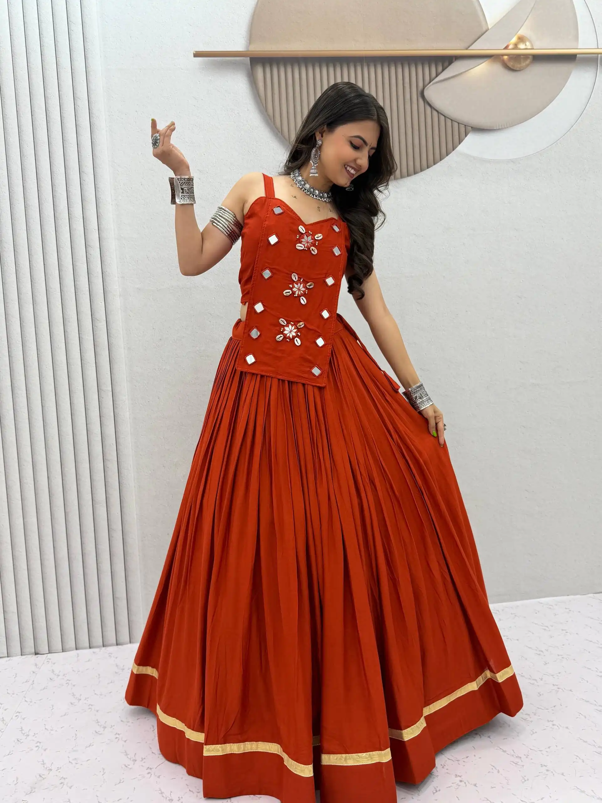 PC 581 Rust Color Pure Cotton Lehenga Choli with Cowrie Work. Festive Deal ₹2999. Delivery 4-6 Working Days. Online Shop now. | Lehenga, Bollywood Lehenga, Creative Lehenga, Designer Lehenga, Embroidered Lehenga, Party Wear Lehenga