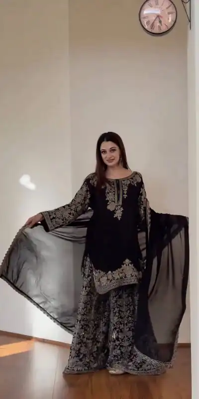 SR 1720 Black Faux Georgette Salwar Suit with Mirror Work & Embroidery Work. Get it for ₹2549. Delivery 4-6 Working Days. Shop now. | Jump Suits, Salwar suit, Casual Suits, Creative suits, Designer Suits, Palazzo Suits, Party Wear Suits, Patiala Suits, Straight Suits